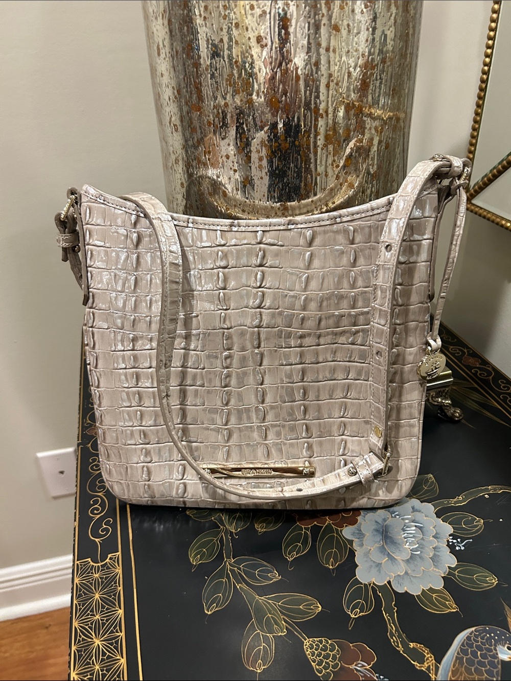 Brahmin Croc-Embossed Shoulder Bag in Pale pearl grayish cream crossbody